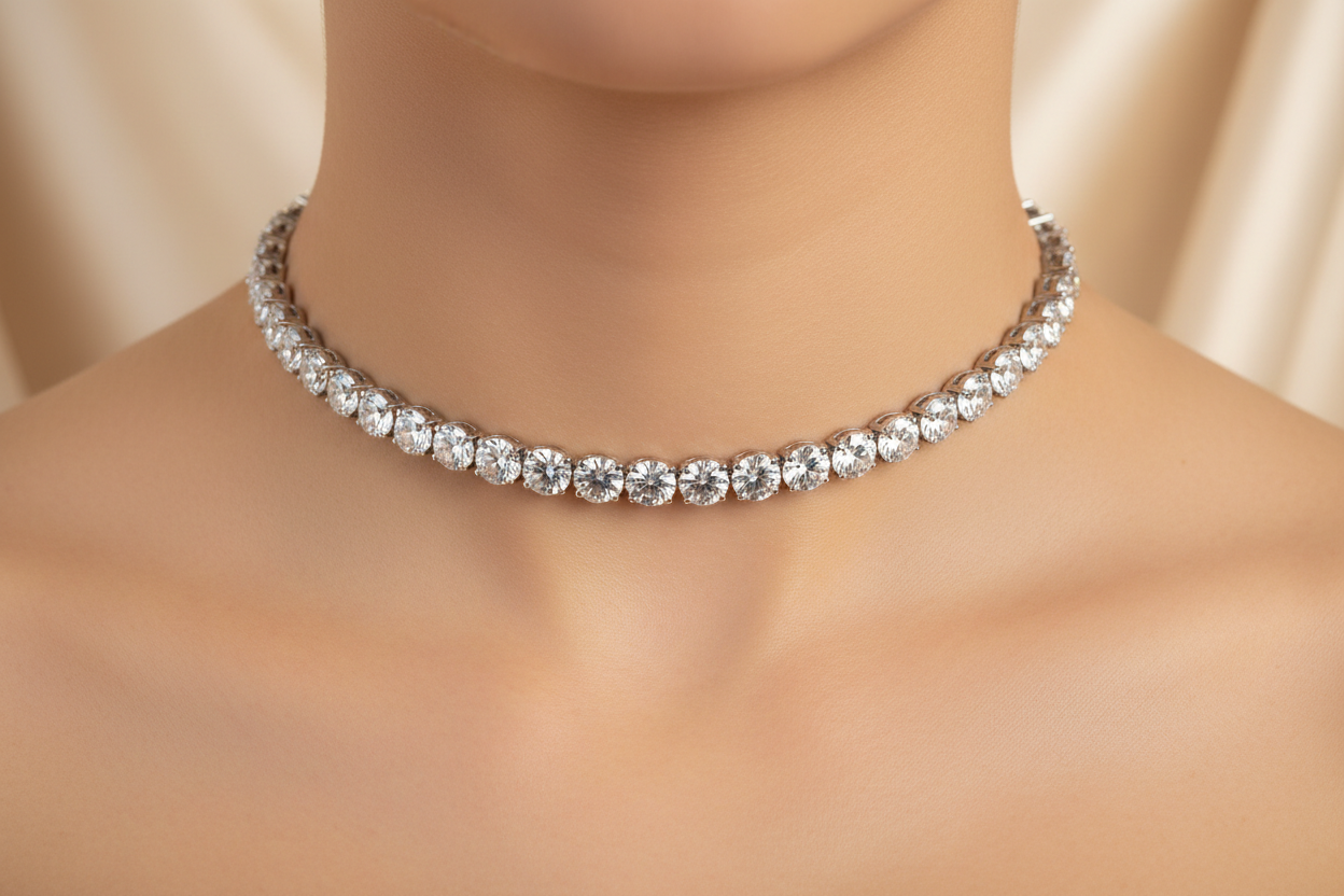 Show a women wearing a tennis chain choker with 3.5mm around her neck, snug fit